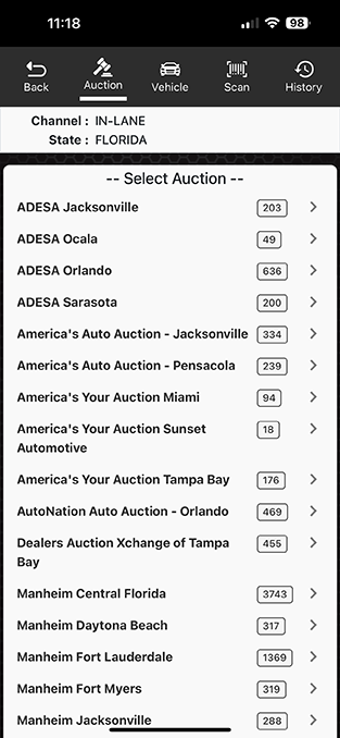 ADESA auction run list displayed in the Laser Appraiser VIN Scanner app