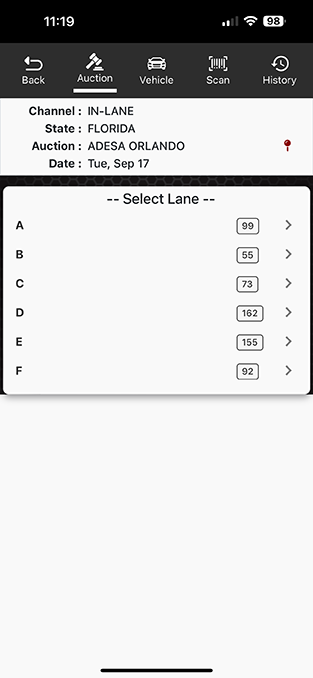 ADESA auction run list displayed in the Laser Appraiser VIN Scanner app