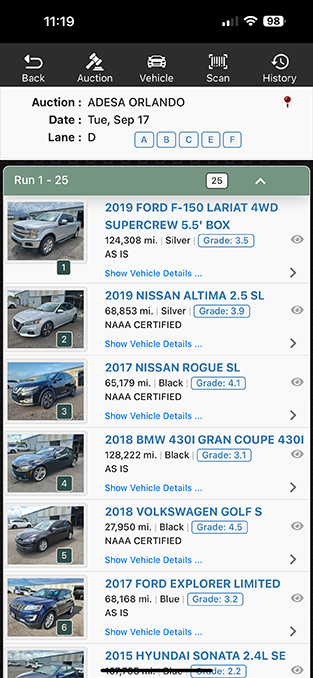 ADESA auction run list displayed in the Laser Appraiser VIN Scanner app
