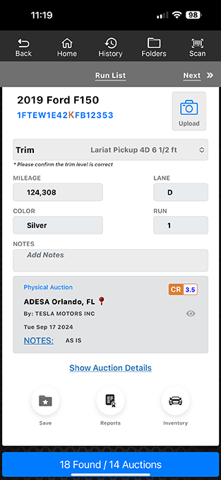 ADESA auction run list displayed in the Laser Appraiser VIN Scanner app