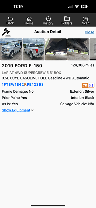 ADESA auction run list displayed in the Laser Appraiser VIN Scanner app