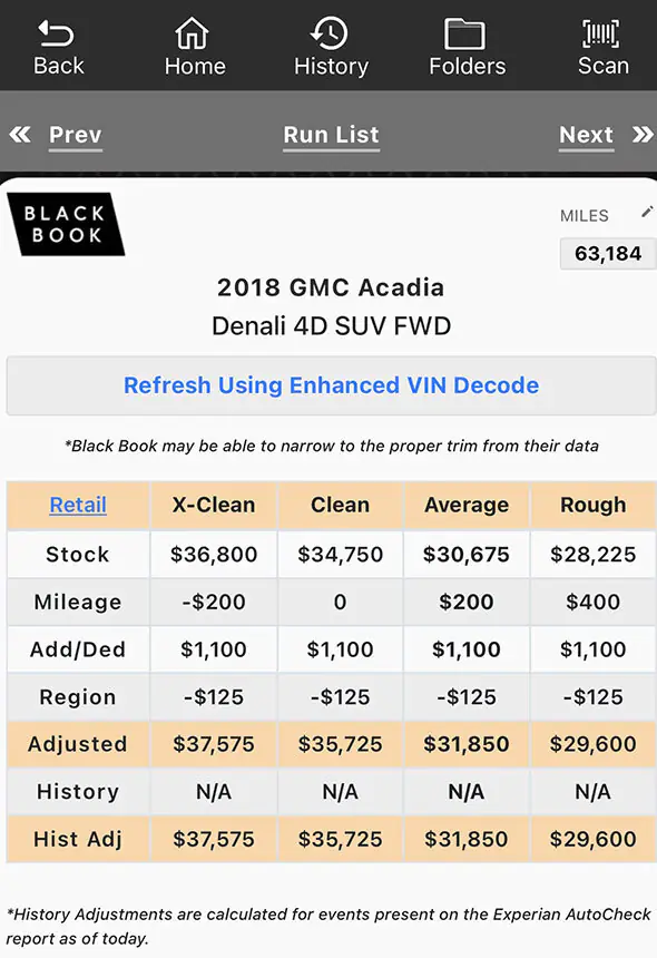 Black Book valuation displayed in the Laser Appraiser VIN Scanner app