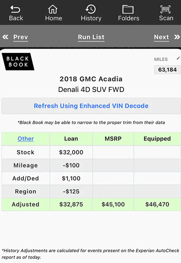 Black Book valuation displayed in the Laser Appraiser VIN Scanner app