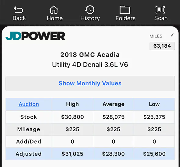 J.D. Power values displayed in the Laser Appraiser VIN Scanner app