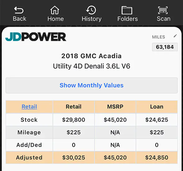 J.D. Power values displayed in the Laser Appraiser VIN Scanner app