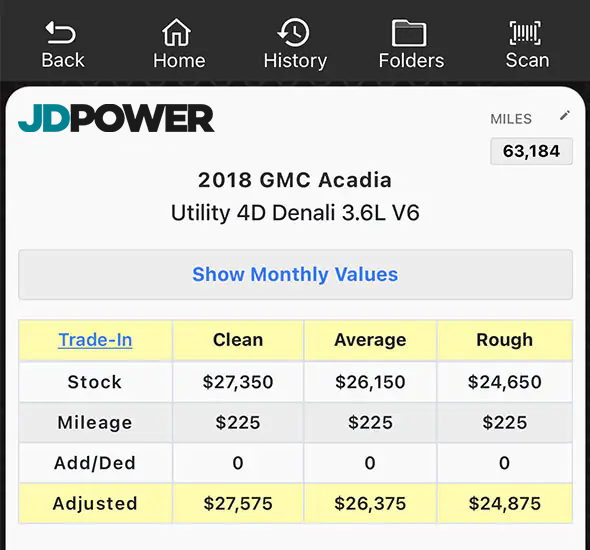 J.D. Power values displayed in the Laser Appraiser VIN Scanner app