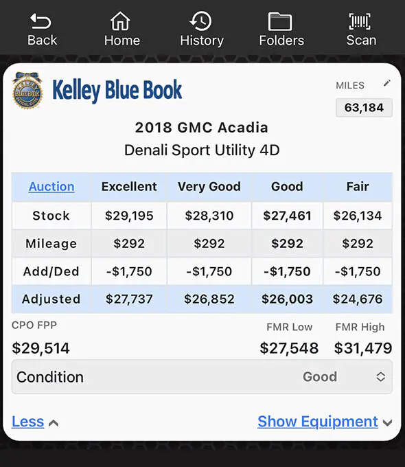 Kelley Blue Book values displayed in the Laser Appraiser VIN Scanner app