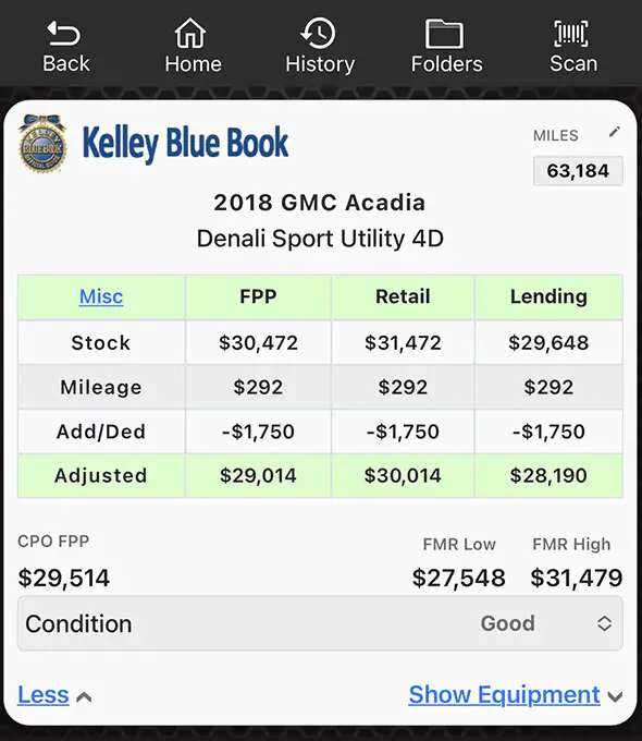 Kelley Blue Book values displayed in the Laser Appraiser VIN Scanner app