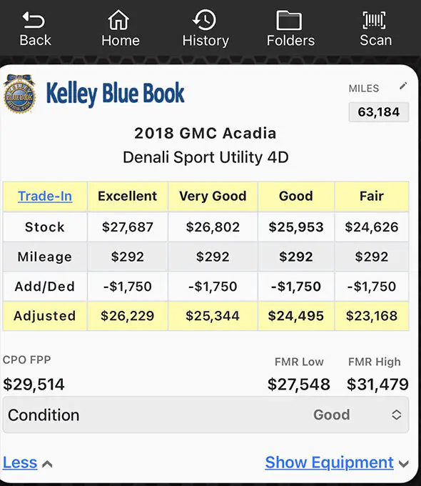 Kelley Blue Book values displayed in the Laser Appraiser VIN Scanner app