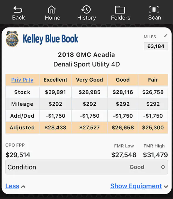 Kelley Blue Book values displayed in the Laser Appraiser VIN Scanner app