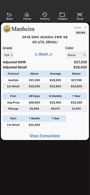 Manheim Market Report values displayed in the Laser Appraiser VIN Scanner app