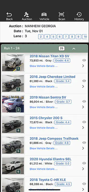 Manheim Market Report values displayed in the Laser Appraiser VIN Scanner app