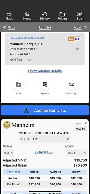 Manheim Market Report values displayed in the Laser Appraiser VIN Scanner app