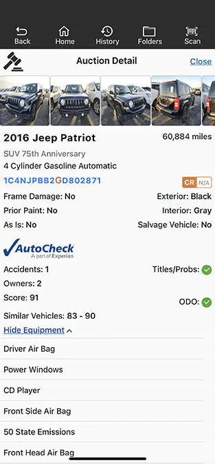 Manheim Market Report values displayed in the Laser Appraiser VIN Scanner app