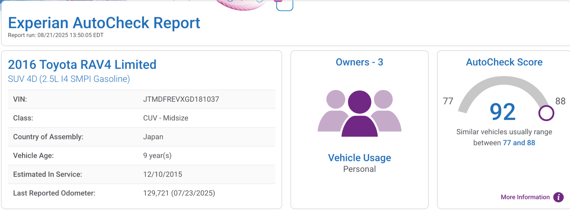 Experian AutoCheck vehicle history report shown in the Laser Appraiser Dealer Studio desktop view