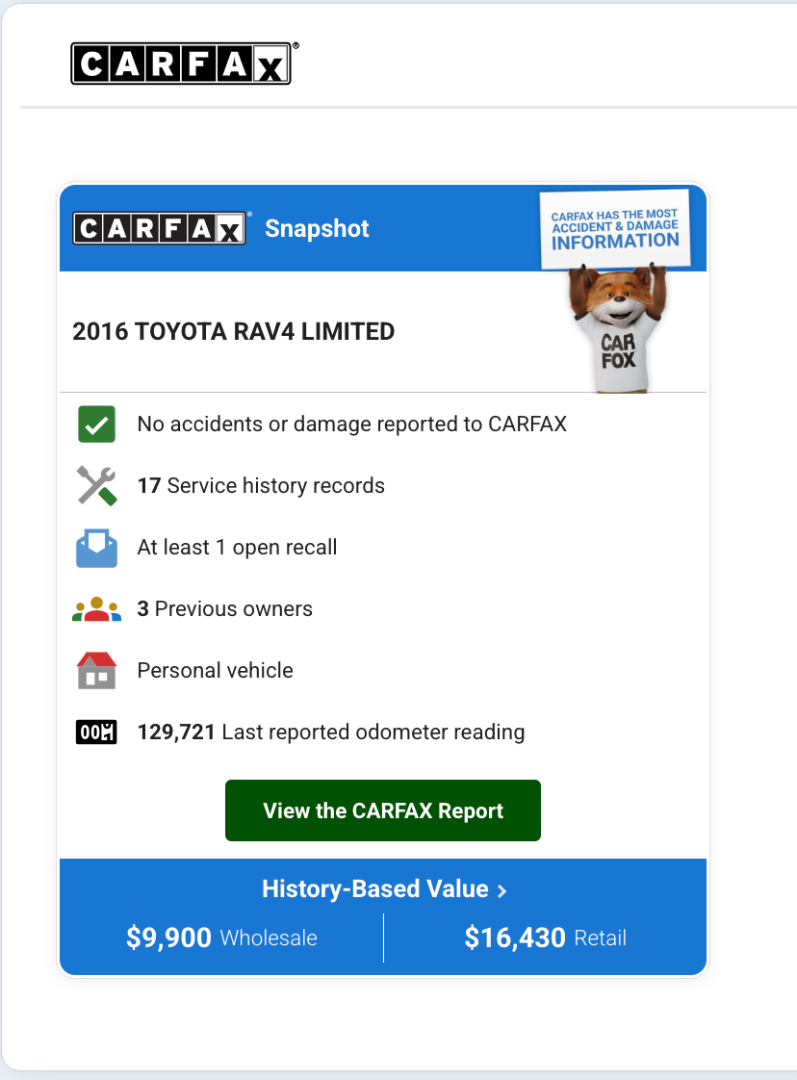 Carfax vehicle history report shown in the Laser Appraiser Dealer Studio desktop view