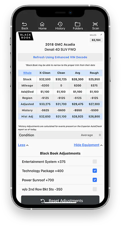 Black Book valuation shown in the Laser Appraiser mobile app