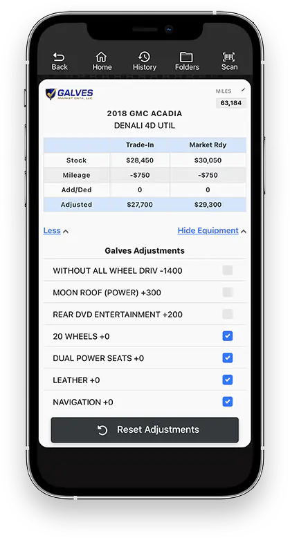 Galves valuation shown in the Laser Appraiser mobile app