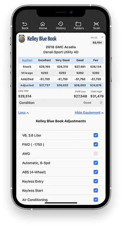 Kelley Blue Book values shown in the Laser Appraiser mobile app