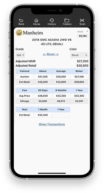 Manheim Market Report (MMR) values shown in the Laser Appraiser mobile app