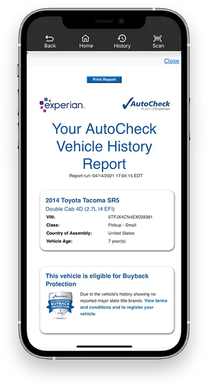 Experian AutoCheck vehicle history report shown in the Laser Appraiser mobile app