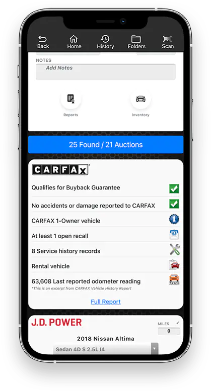 Carfax vehicle history report shown in the Laser Appraiser mobile app