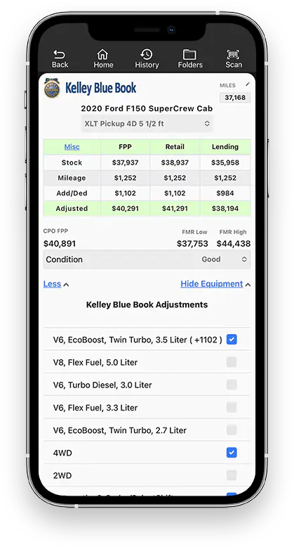 Kelley Blue Book values shown in the Laser Appraiser mobile app